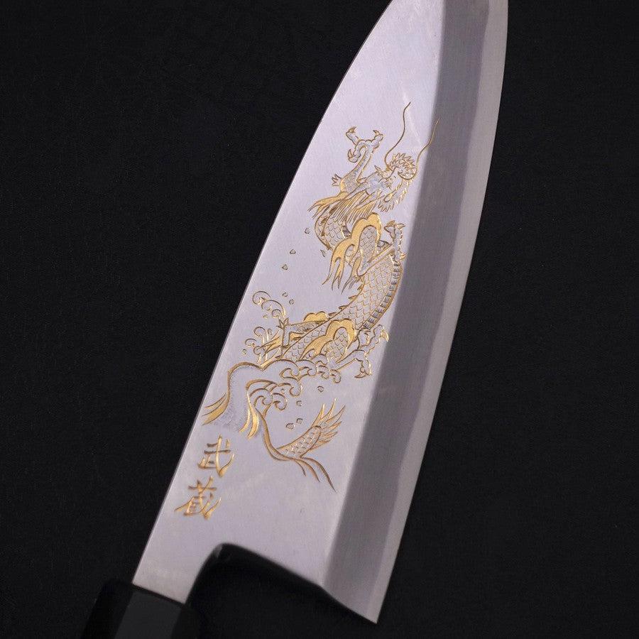 Deba White Steel #2 Kasumi Chokin Silver Dragon Buffalo Ebony Handle 170mm - Image 3