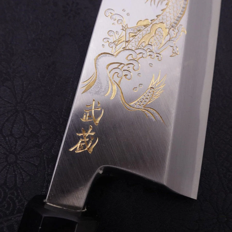 Deba White Steel #2 Kasumi Chokin Silver Dragon Buffalo Ebony Handle 170mm - Image 4