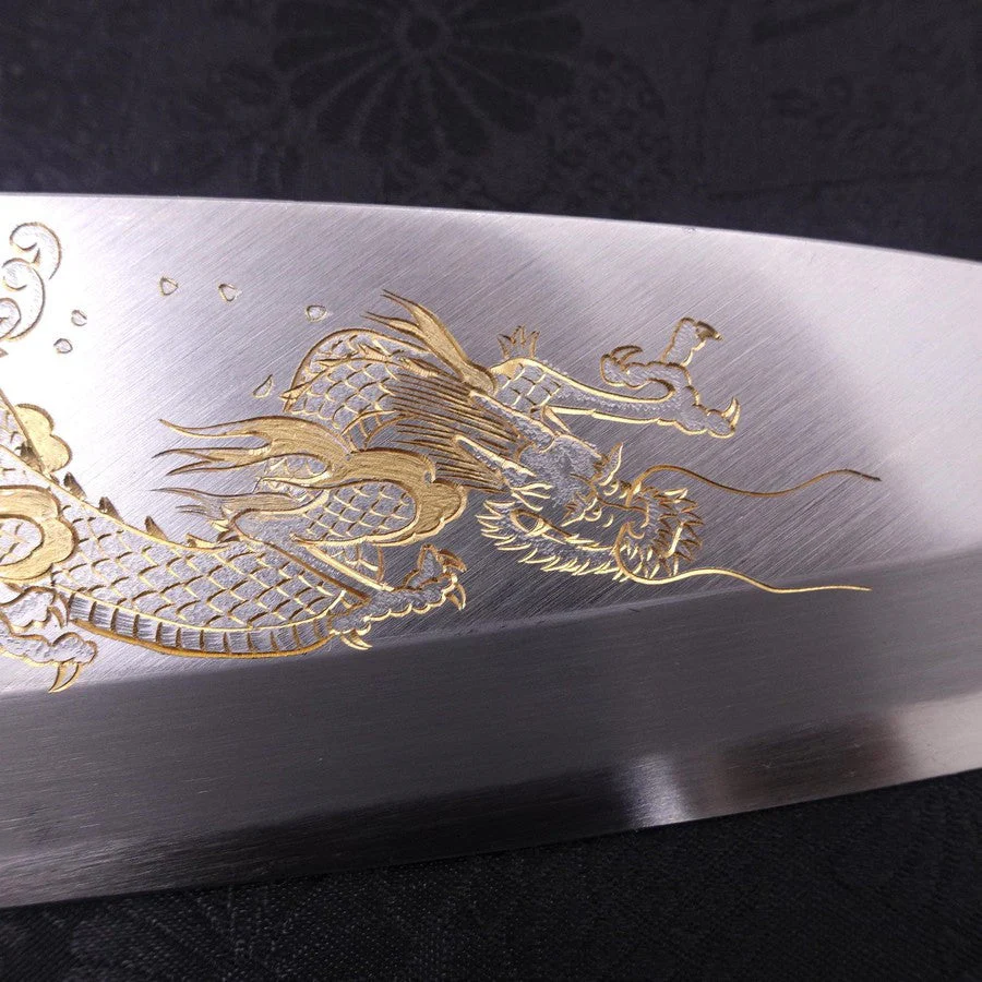 Deba White Steel #2 Kasumi Chokin Silver Dragon Buffalo Ebony Handle 170mm - Image 5