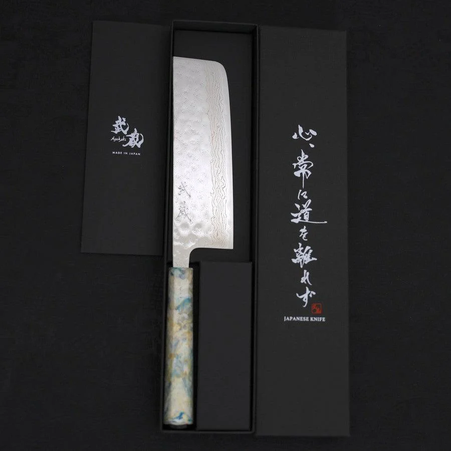 Nakiri AUS-10 Nashiji Damascus Ocean White Mix Handle 165mm - Image 8